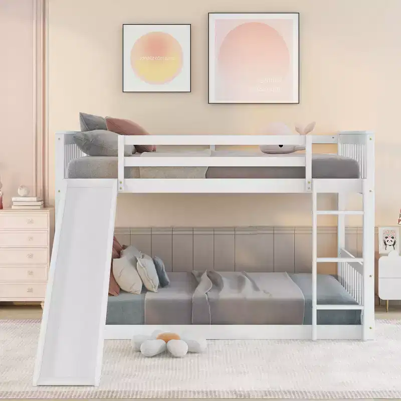 Okak Full over Full Wood Bunk Bed with Slide & Safety Guardrail Loft Bunk Bed with Ladder for Kids Teens, Easy Assemble No Box Spring Needed
