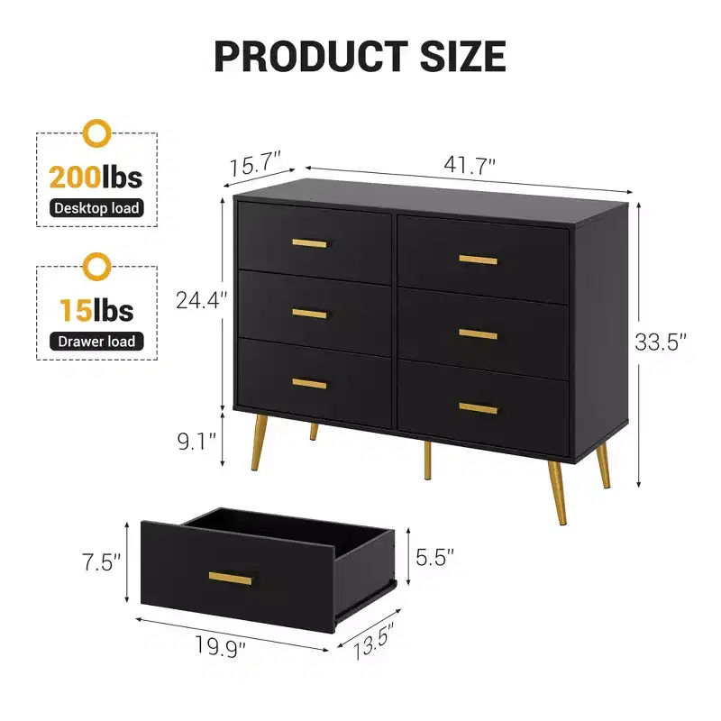Modern 6 Drawer Dresser with Storage Space, Wooden Dresser with Gold Handles, Chest Dresser with Deep Drawers for Bedroom, Living Room and Entryway