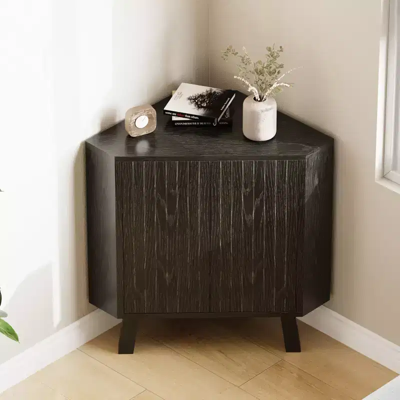 Farmhouse Corner Storage Cabinet with Adjustable Shelf, 3-Tier Industrial Wooden Corner Table with Doors, Triangle End Table (31.5''x 15.7''x 30.7'')