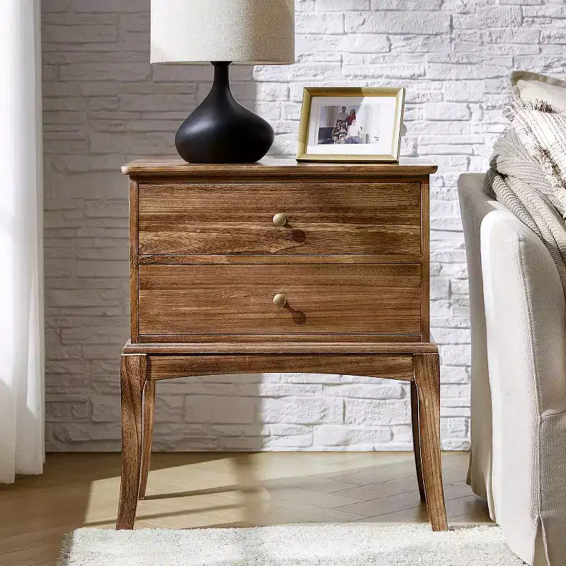 Transitional Solid Wood End Table with Built-in Outlet and 2 Drawers