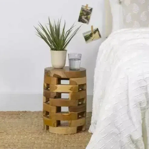 Round Teak Wood Accent Table – Handcrafted, No Assembly Required
