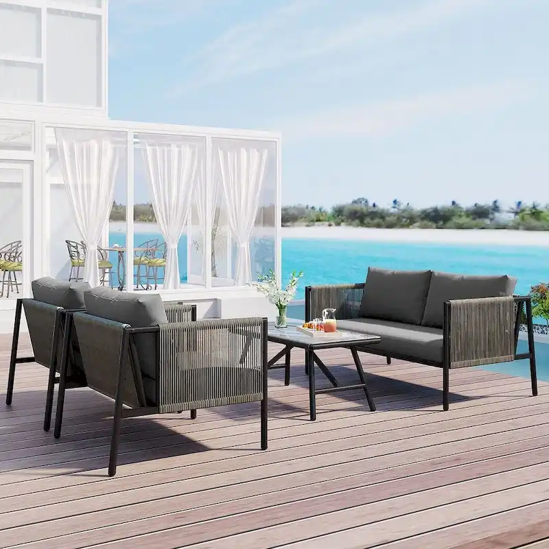 4 PCS Outdoor Rope Patio Set for 4 with Cushions and Glass Table