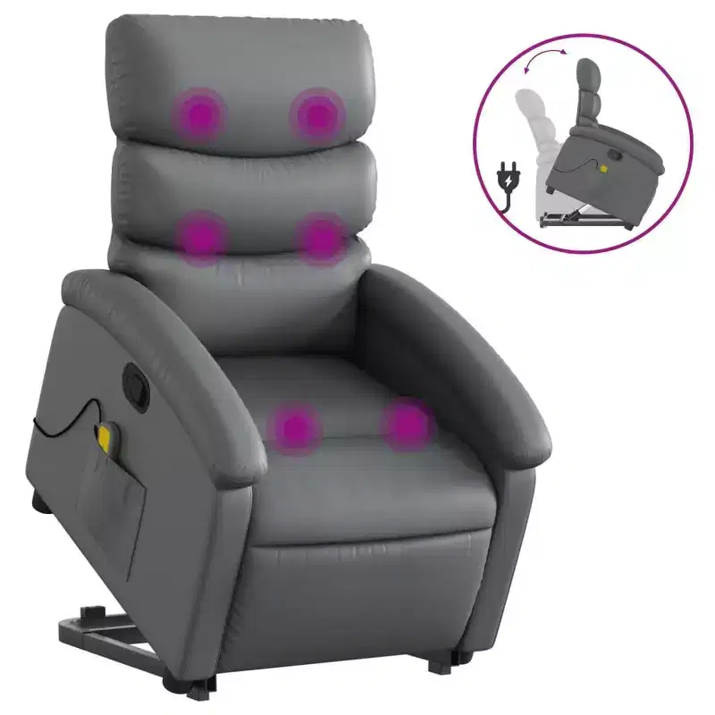 vidaXL Stand-Up Gray Faux Leather Power Lift Massage Recliner with Manual Recline - Comfortable Senior Seating for Living Room
