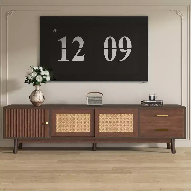 Clihome Mid Century Modern TV Stand for 80 TVs, Entertainment Center with Sliding Doors and Drawers, TV Table with Storage for Living Room