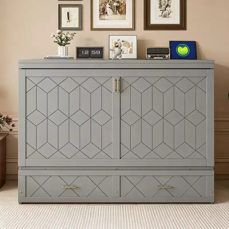 Queen Murphy Bed Cabinet with Storage Drawers, Safety Lock & Power Outlets