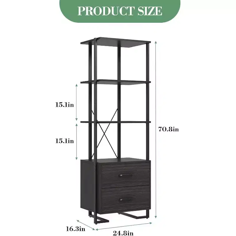 4 Tier Industrial Bookcase, X-Structure Stability With 2 Drawers, Ideal for Living Room, Bedroom, or Office