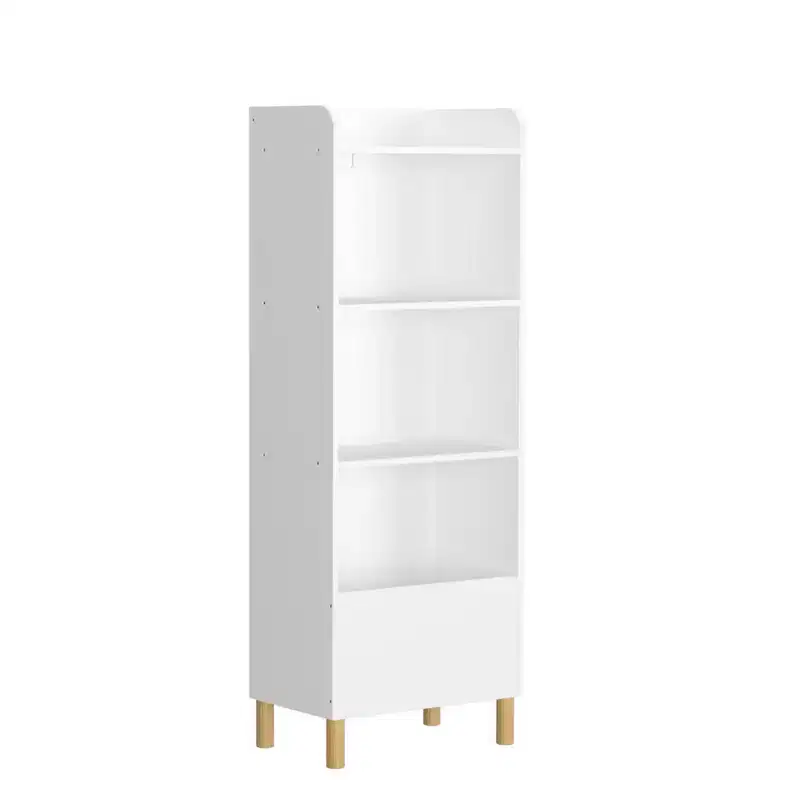 VIYET 51 Kids 4-Tier Bookcase, White MDF+Pine Legs Storage Organizer w/ Anti-Tipping Device (Nursery/Playroom Display Rack)