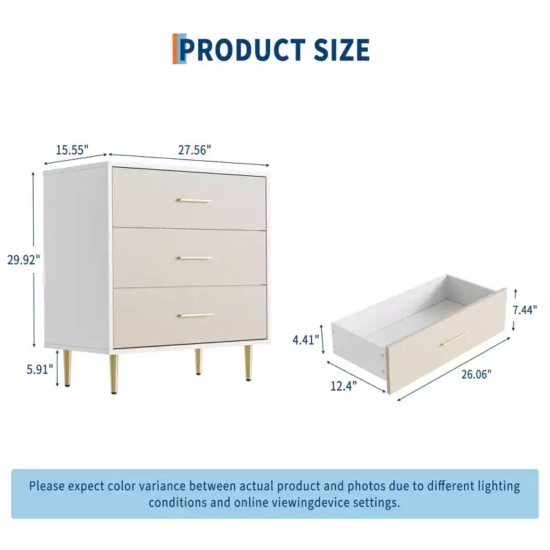 3 Drawer Dresser with Gold Handles and Legs, Wooden Nightstand with Linen-Textured Surface, White Chest of Drawers, Accent Cabinet End Table