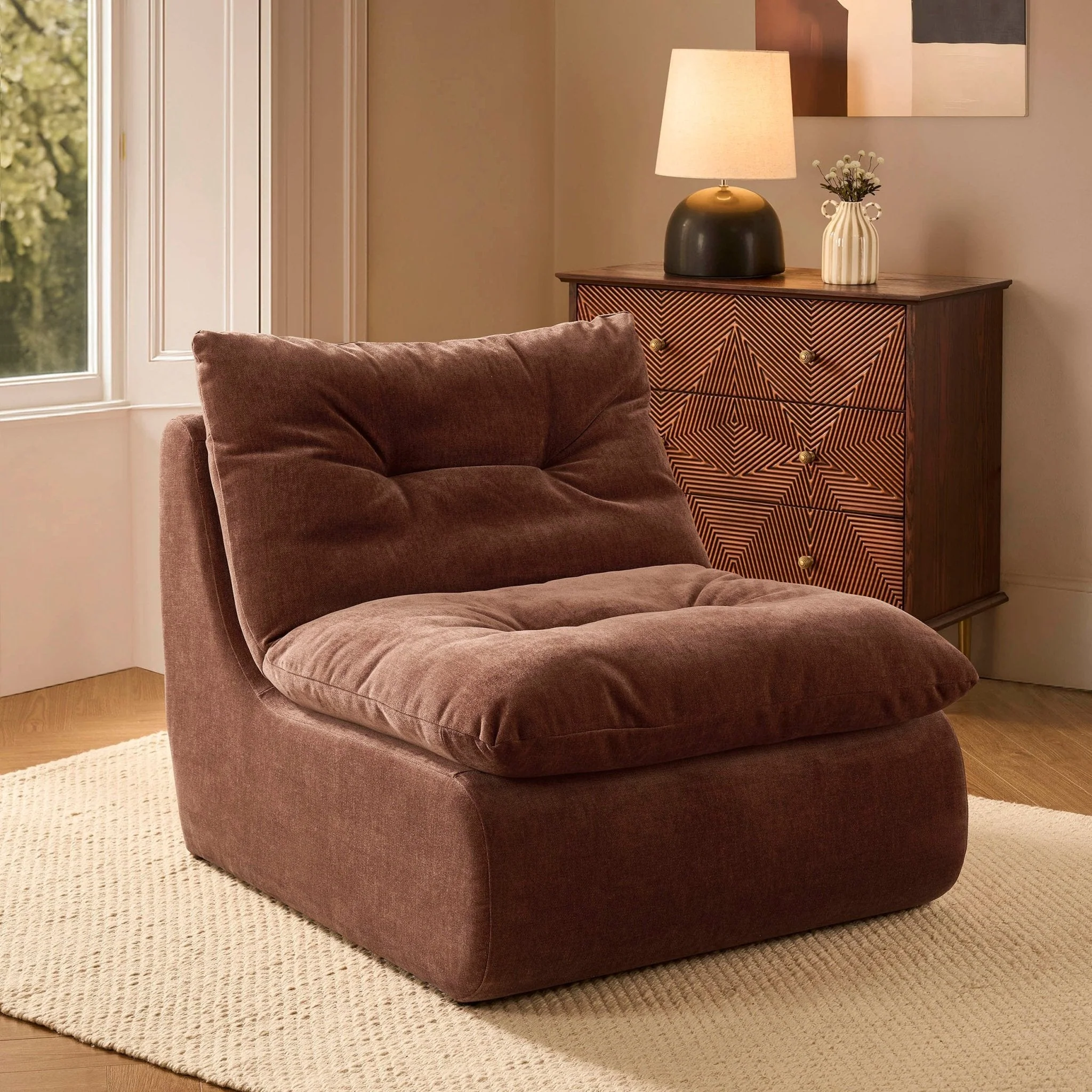 Retro Dark Rust Chenille Accent Chair with Deep Cushioned Seat for Living Room
