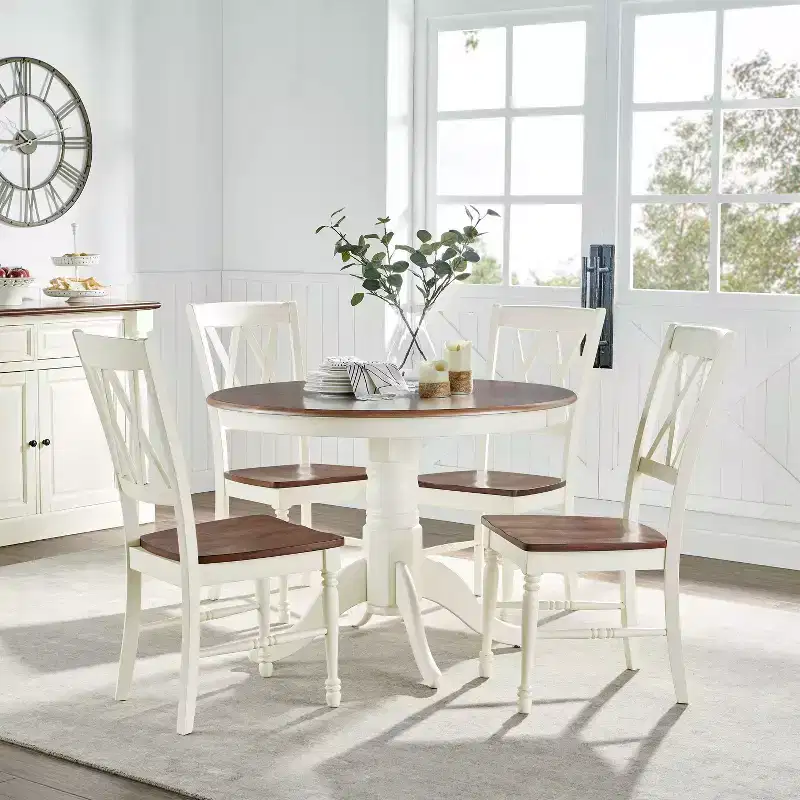 5pc Shelby Round Dining Set with 4 Chairs Distressed White - Crosley: Classic Pedestal, Farmhouse Style