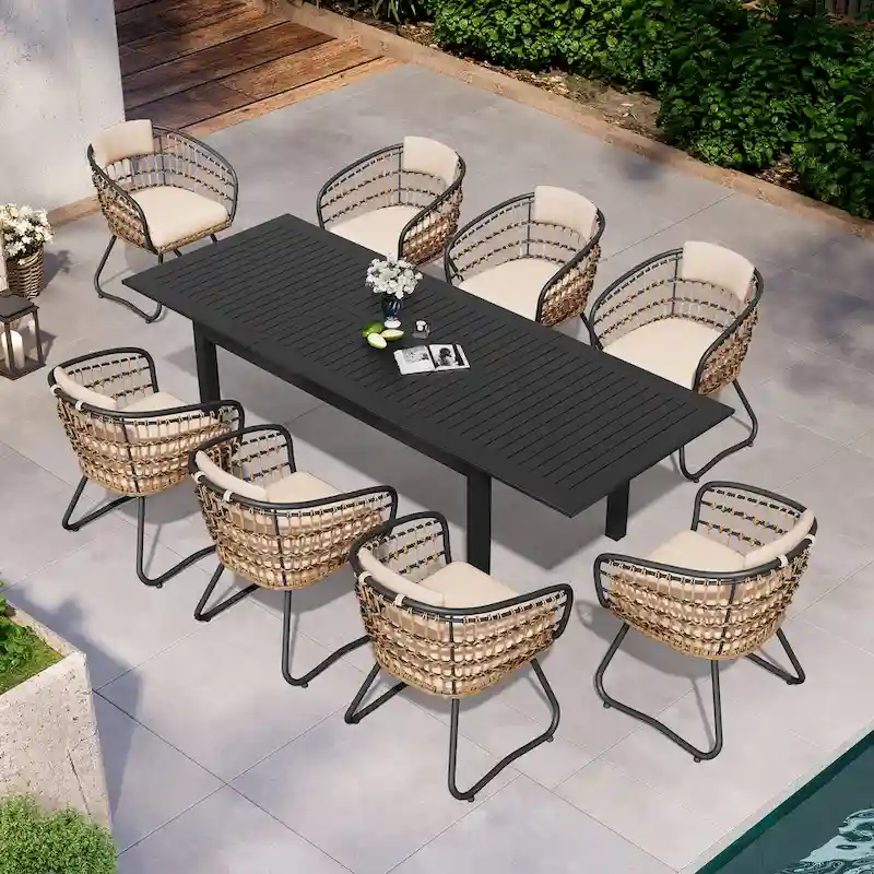 9PC Aluminum Extendable Patio Dining Table Outdoor Rectangular with Rattan Chair