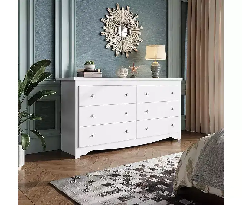 DEXYLLO 6 Drawers Modern Storage Dresser, Wide Wood Chest for Bedroom or Living Room, Long Nightstand Organizer Unit, 59inch White Cabinet