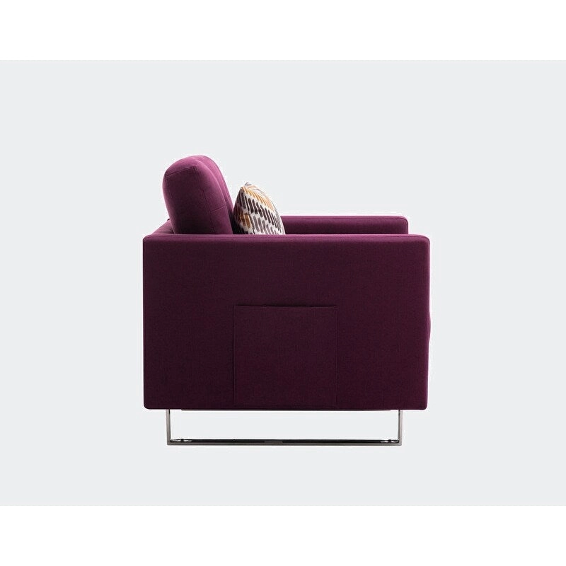 Linen Fabric Armchair with Metal Legs, Side Pockets, and Pillow