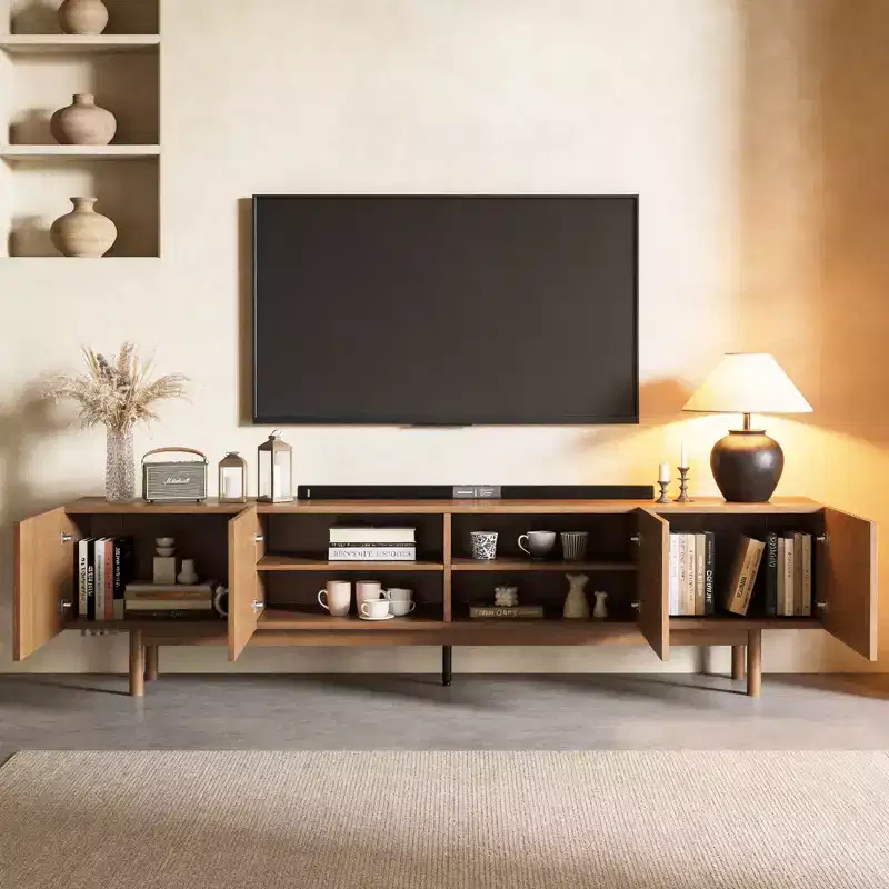 86.6 Extra Long Wood TV Stand for 90 Inch TV Slatted Media Console Entertainment Center with Removable Shelves Walnut