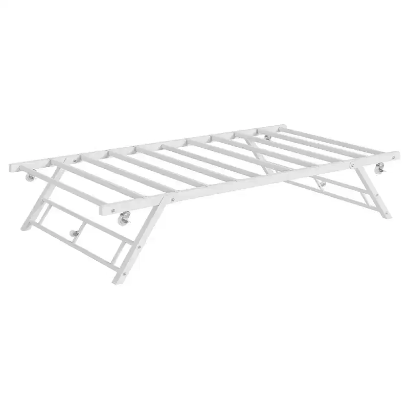 Stand Up Trundle Day Bed, Pop Up Trundle, Twin Trundle Bed Frame Only, Metal Slats Support with Lockable Casters, Noise-Free Design, White