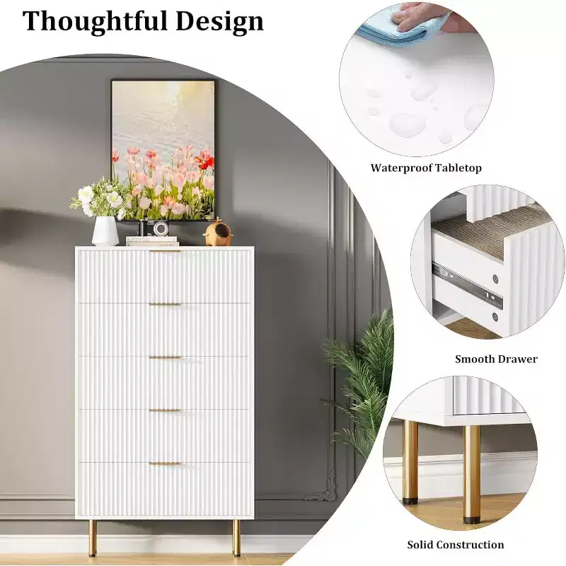 5 Drawer Dresser, Tall Modern Chest with Fluted Panels & Wide Gold Handles, Bedroom Storage Organizer for Closet, Living Room, Entryway
