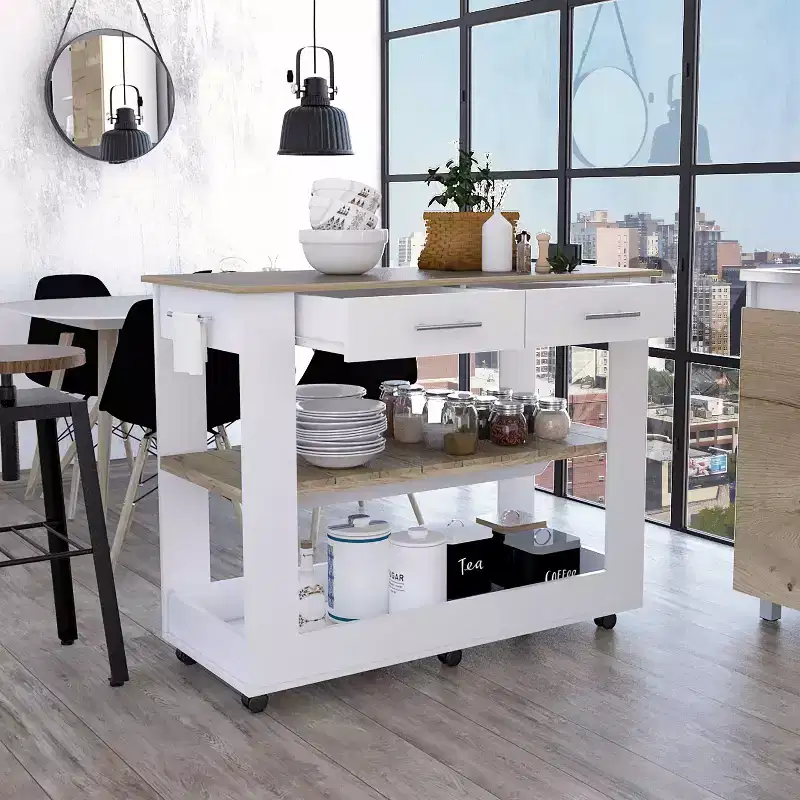 Kitchen Island with 2 Open Shelves, Kitchen Cart with 2 Drawers and Metal Handles, Kitchen Island On Wheels for Dining Room, Kitchen, White