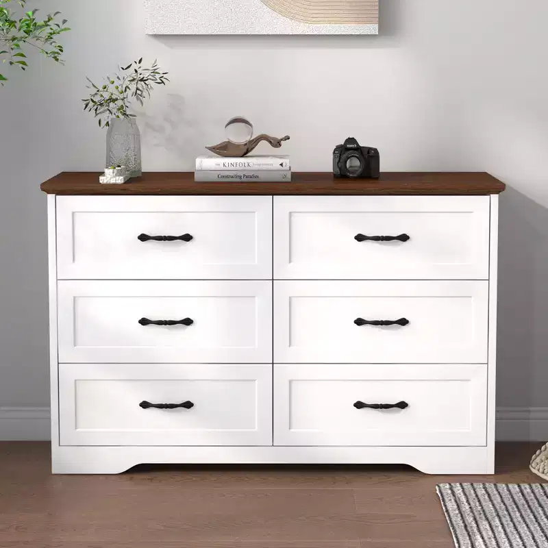 Farmhouse Wooden Chest of Drawers  Tall Dresser with Wide Metal Handles, Storage for Bedroom & Living Room