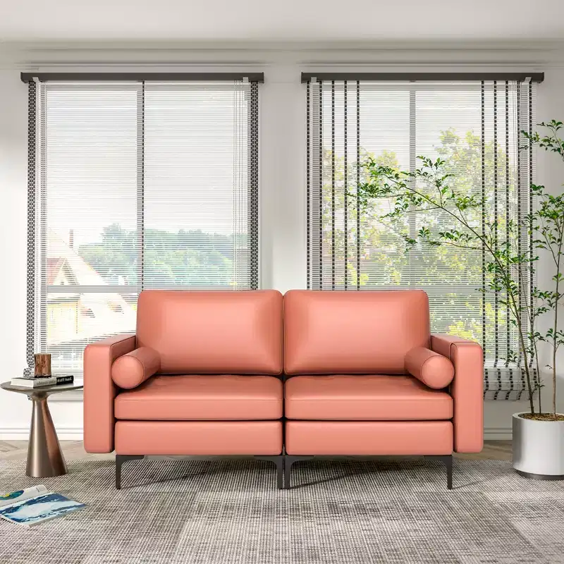 Costway Modern Loveseat 2-Seat Sofa Couch with 2 Bolsters Side Storage Pocket Grey/Red