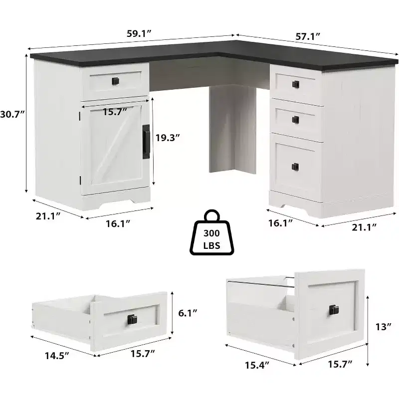 60 White L Shaped Executive Desk, Farmhouse Home Office Corner Computer Desk with File Drawers & Storage Cabinet