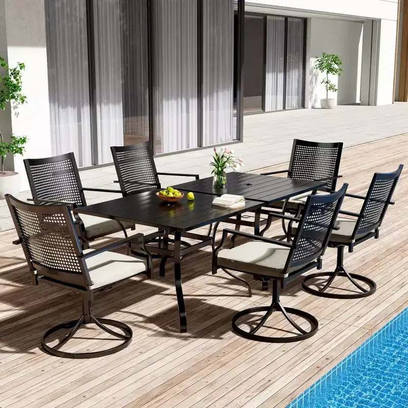CLIHOME 8-Piece Outdoor Dining Set,Square Table With Sunshade Umbrella Hole & 360 Swivel Chairs Patio Set