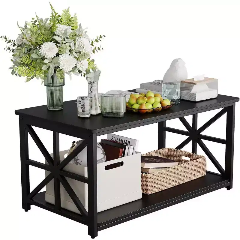 Acekool 2-Tier Wood Coffee Table with X-Frame Support, Storage Shelf & Round Corners  Modern Farmhouse Center Table for Living Room