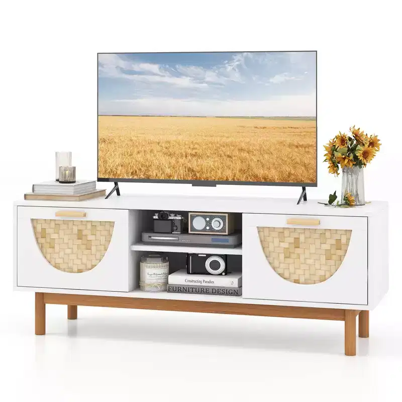 TV Stand for TVs up to 55-Inch with 2 Drawers, Bamboo Woven Fronts & Solid Wood Legs, White