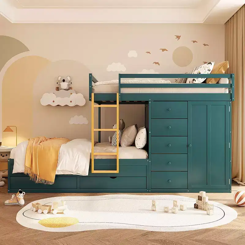 Whisen Full Bunk Bed Frame with 2 Large Drawers & 5 Small Drawers & Small Wardrobe