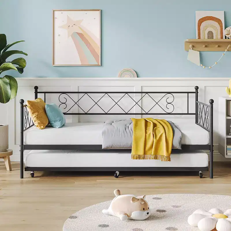 Twin Metal Daybed with Trundle, Space-Saving Sofa Bed for Living Room, Bedroom and Guest Room