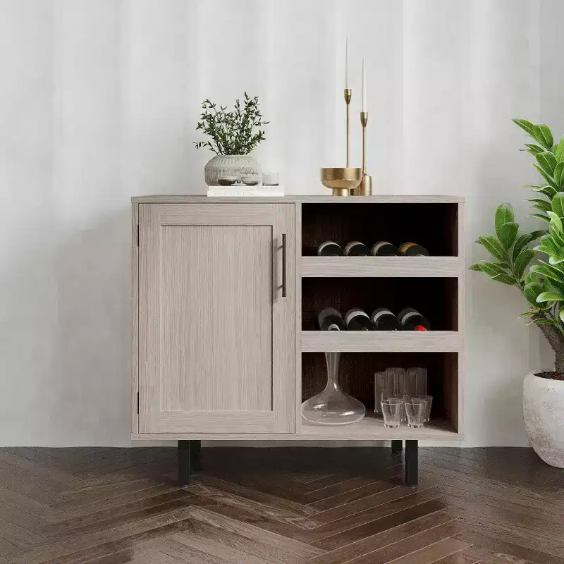 Emma and Oliver Classic Bar and Sideboard with Shaker Style Single Door Cabinet with Hanging Glass Storage and Open Bottle Shelves