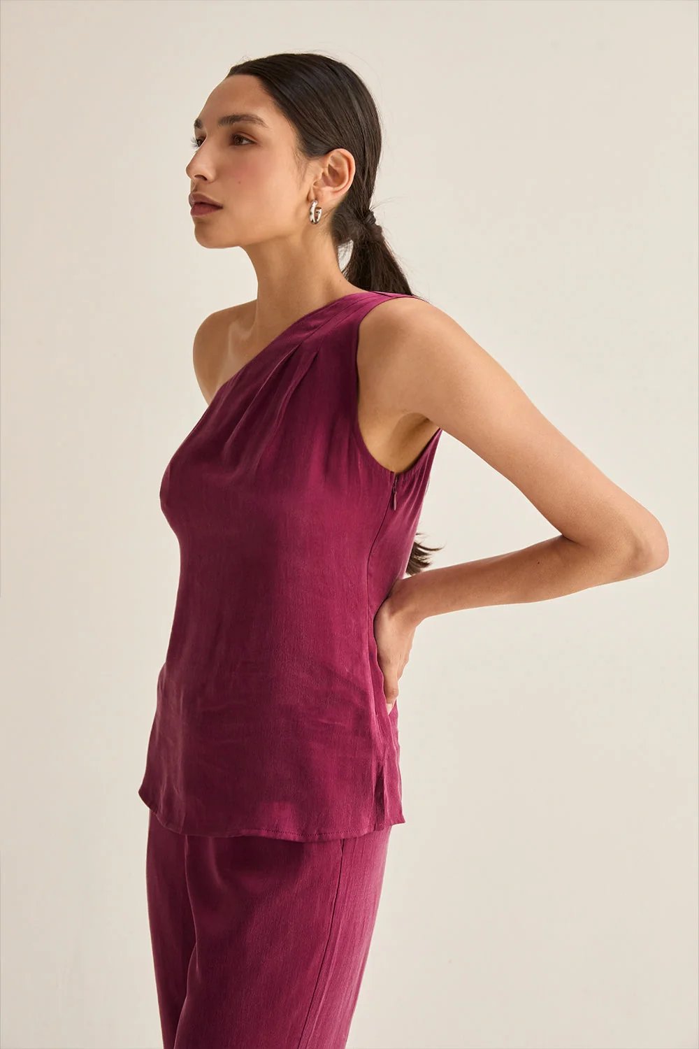 One Shoulder Cupro Sleeveless Blouse with Pleat Detail