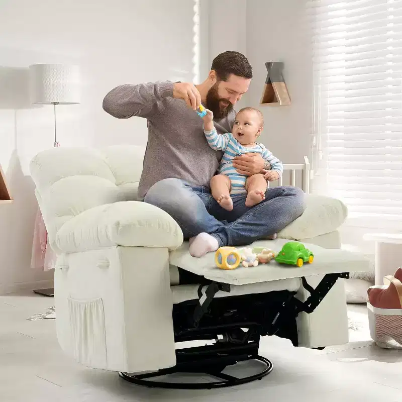 Rocking Recliner Chair, 360 Swivel Rocker Chair for Living Room, Upholstered Fabric Glider Nursery Chair with Side Pockets for Small Spaces