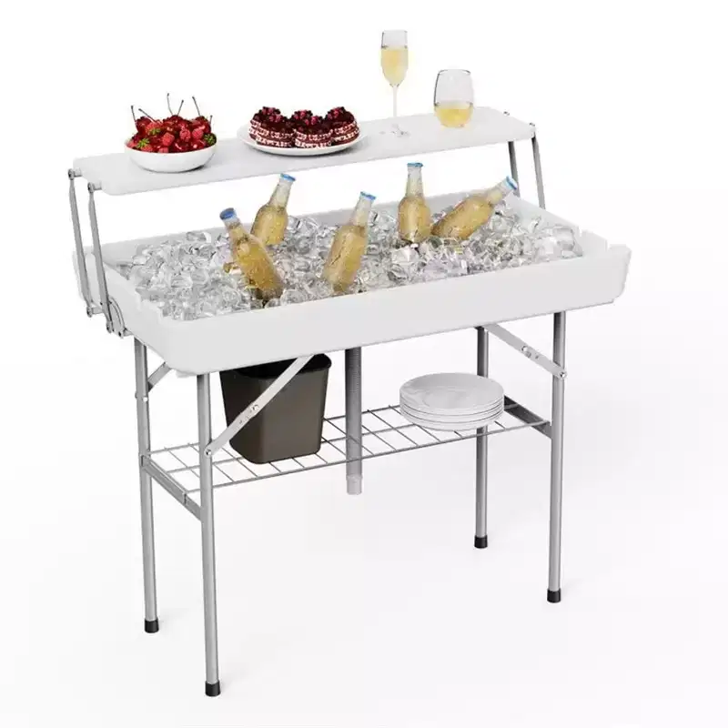 Folding Table with Ice Basin, Storage Shelf and Drain