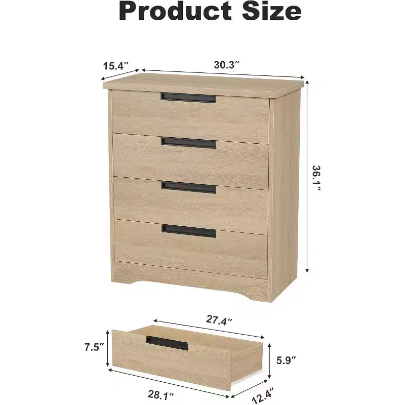 Wooden 4-Drawer Dresser for Bedroom, Modern Chest of Drawers with Recessed Handles, Storage Organizer for Living Room, Nursery, Hallway, or Entryway