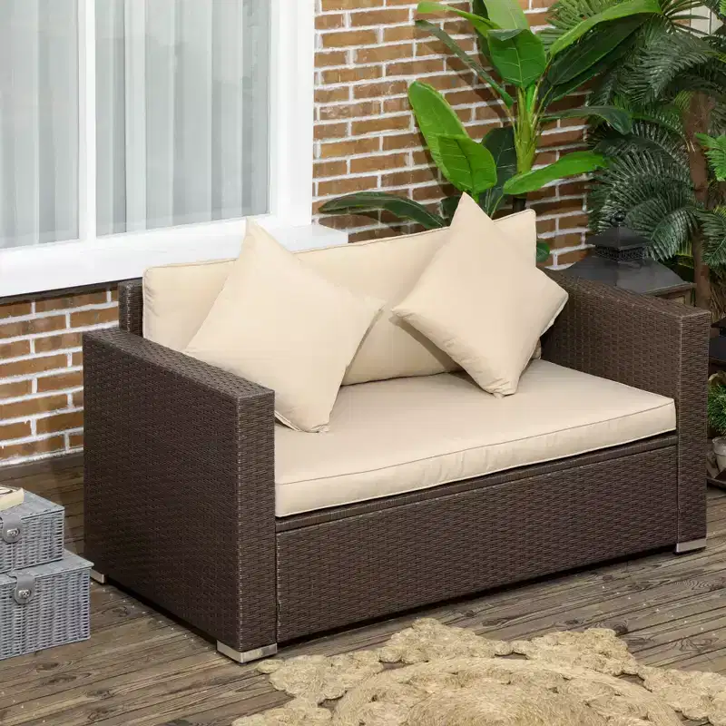 Outdoor Wicker Loveseat, Patio Furniture Couch with Cushions, 2 Seats PE Rattan Sofa, 2 Throw Pillows