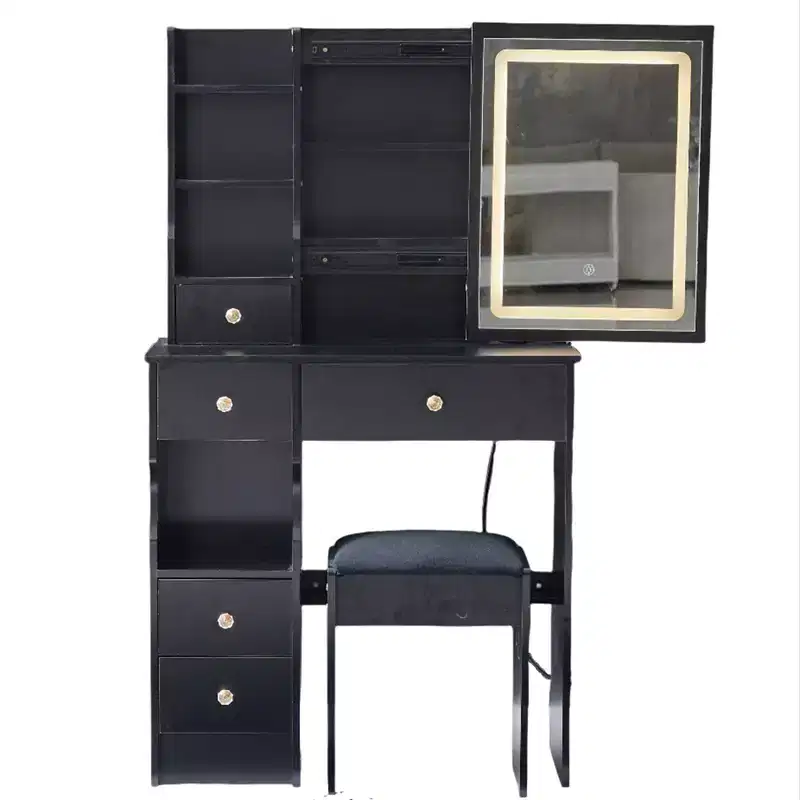 Modern Vanity Desk with Sliding LED Mirror, Three-Mode Lighting, Stool & Multi-Layer Storage for Small Spaces