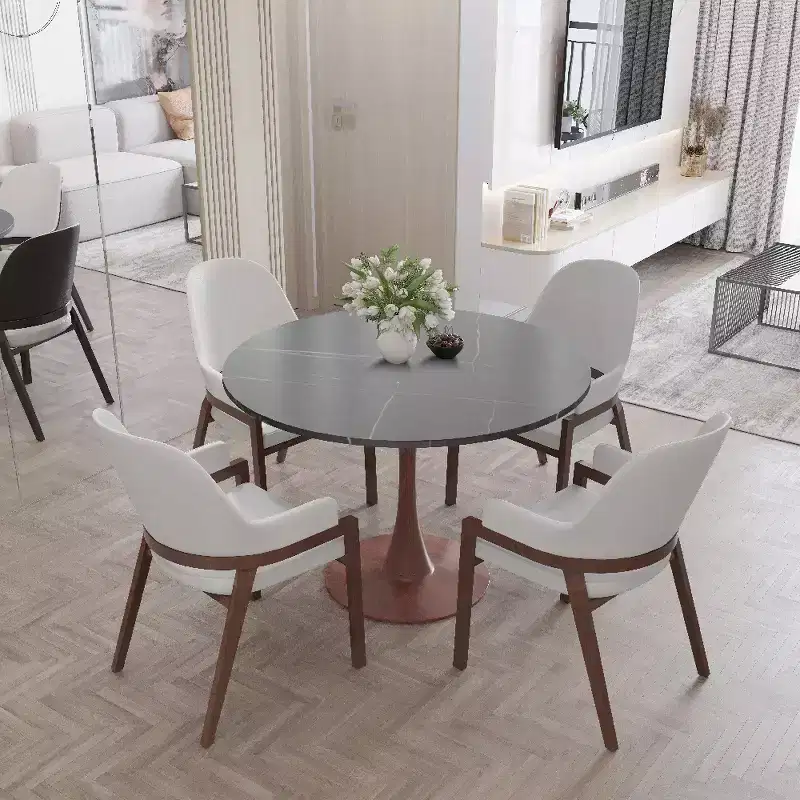 LeisureMod Bristol 35 Round Dining Table with Sintered Stone Top and Walnut Steel Pedestal Base for Modern Kitchen and Dining Room