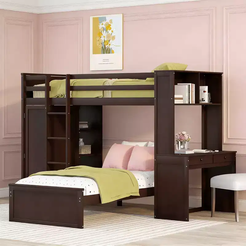 Luxystar Twin over Twin L Shaped Bunk Bed with Desk, Bookcase and Wardrobe