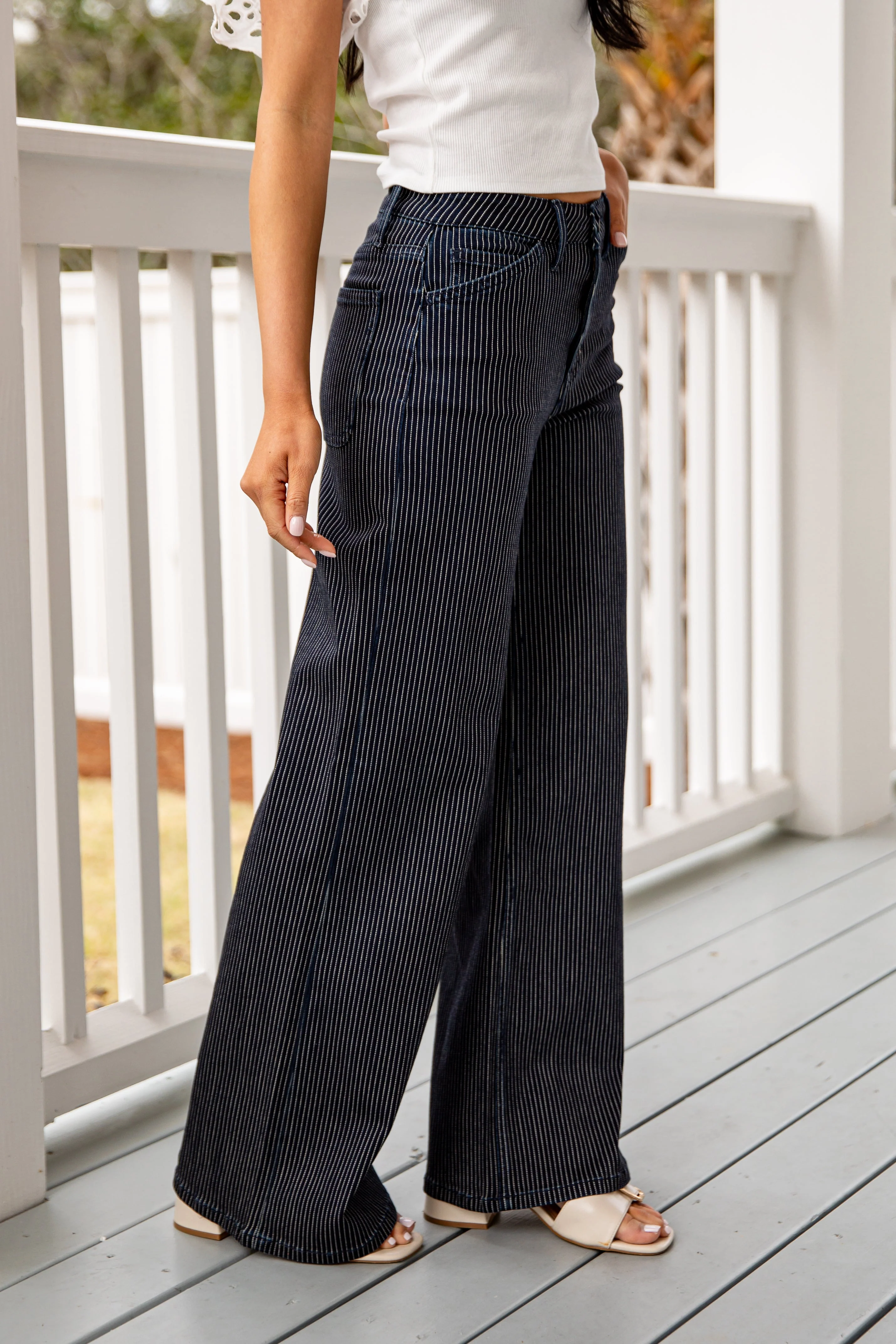 Dark Wash Pinstripe High Waist Wide Leg Jeans