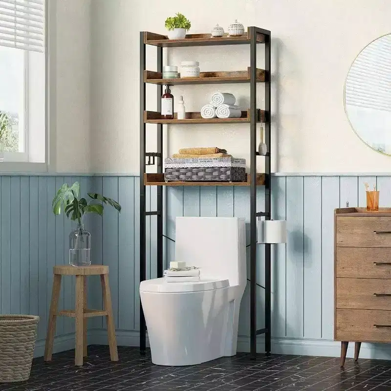Over Toilet Storage Rack 3 Tier Bathroom Space Saver with Adjustable Shelves Rustic Brown Organizer Washroom Bathroom