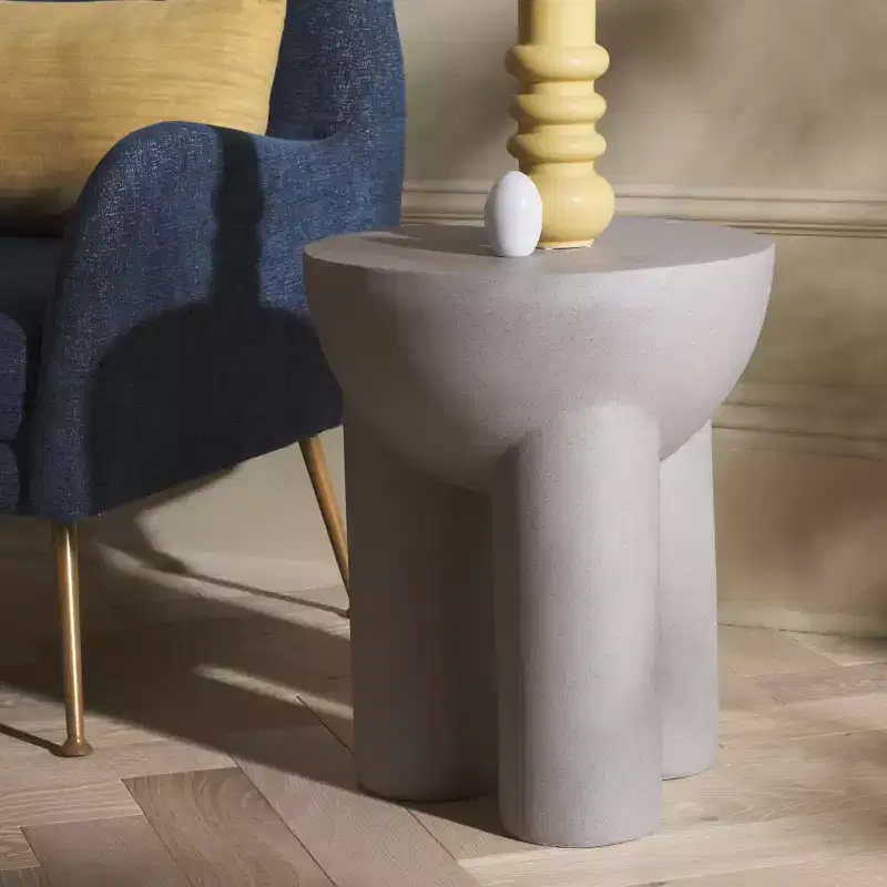 Round Sculptural Drum Accent Table, Grey Plaster-Like Finish, 19.5