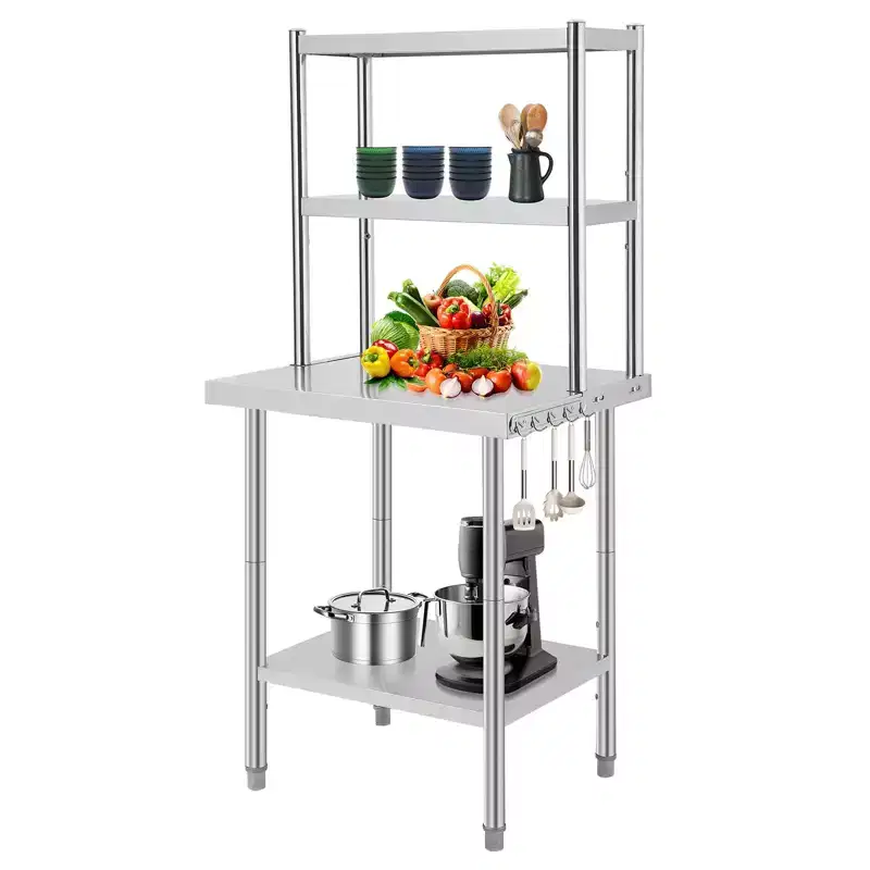 Adjustable Stainless Steel Work Table  Commercial-Grade, Overhead Shelves & Hooks, 6567 Height  Choose Size