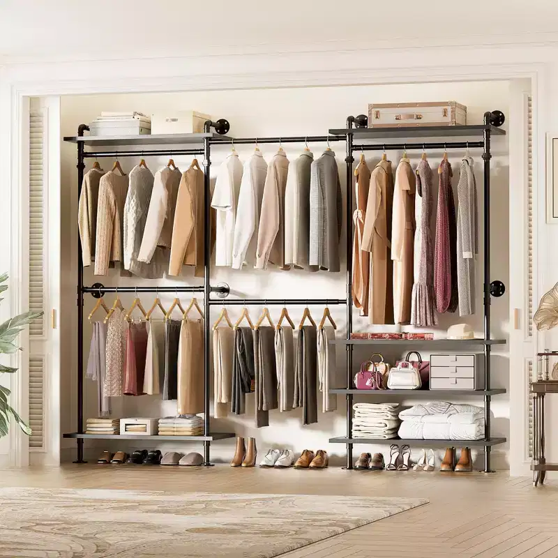 Besiost Garment Rack with Wood Shelves, Closet system Storage Rack