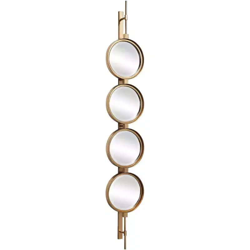 Contemporary Button Wall Mirror, Gold Leaf Iron Frame, 4 Beveled Glass Rounds, 10