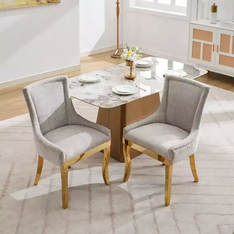 Okak Modern Chenille Dining Chairs with Curved Gold Plated Legs, Upholstered Dining Chairs Set of 2 with Rivet Trim, Kitchen Chairs for Home