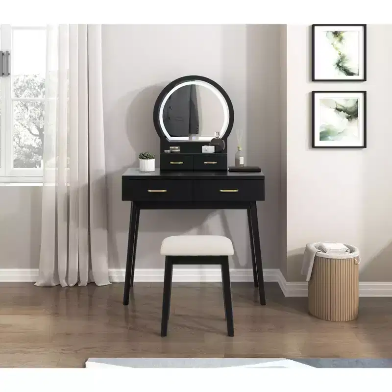 Okak Luxury Vanity Table with Beautiful Mirror & Lights,Storage Dressing Desk with Drawers & Stool,Princess Makeup Table Set for Bedrooms