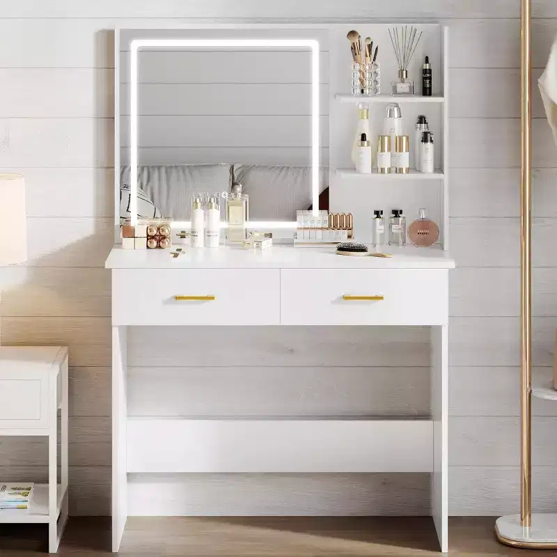 Vanity Desk with LED Mirror, 3-Foot White Makeup Table with Drawers & Shelves