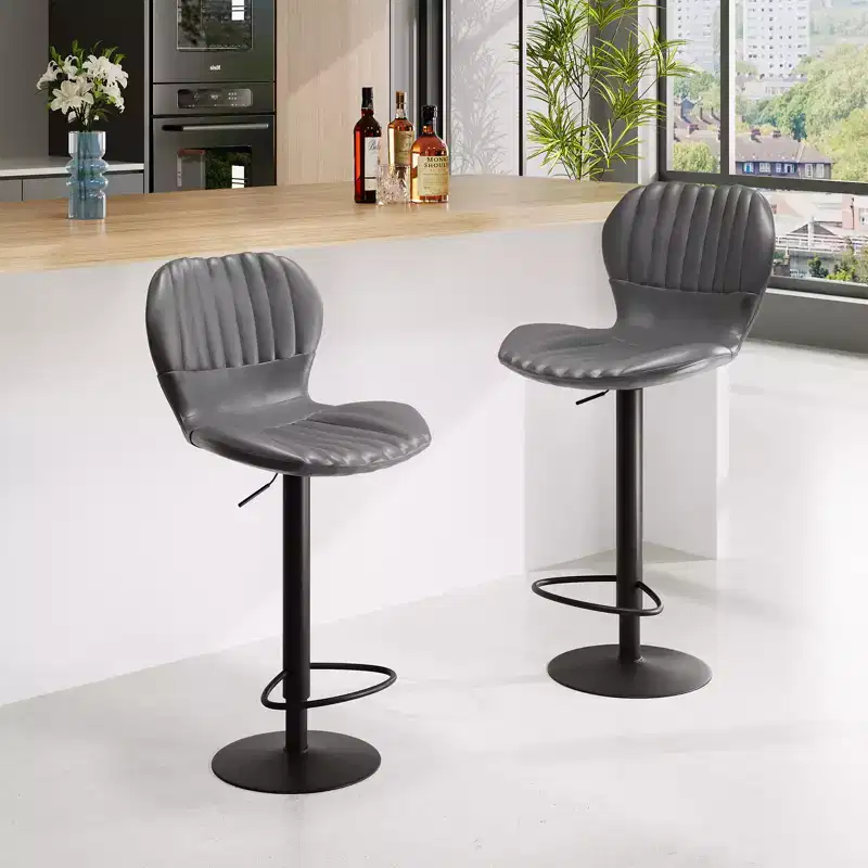 Modern 4-Piece Counter-Height Bar Stool Set with Backrest. Upholstered Faux Leather Chairs with Footrest for Kitchen or Dining Area. Gray