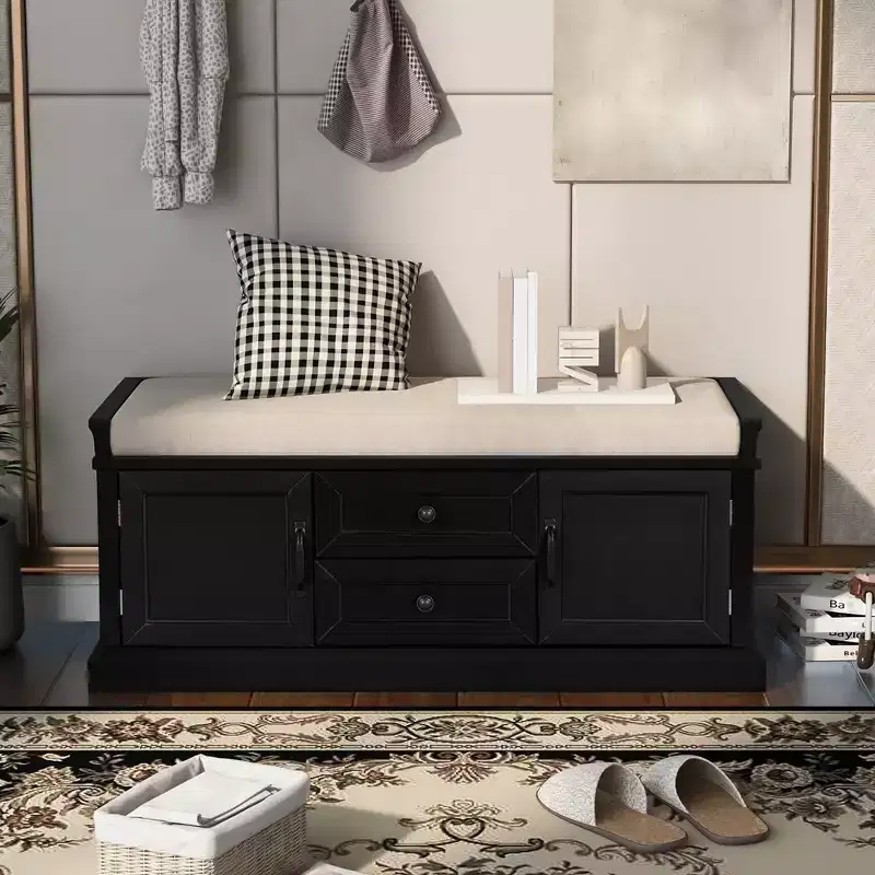 Black / Brown / Grey / Navy Blue / White Upholstered Storage Bench with Drawers & Cabinet, Solid Wood, 1-Person