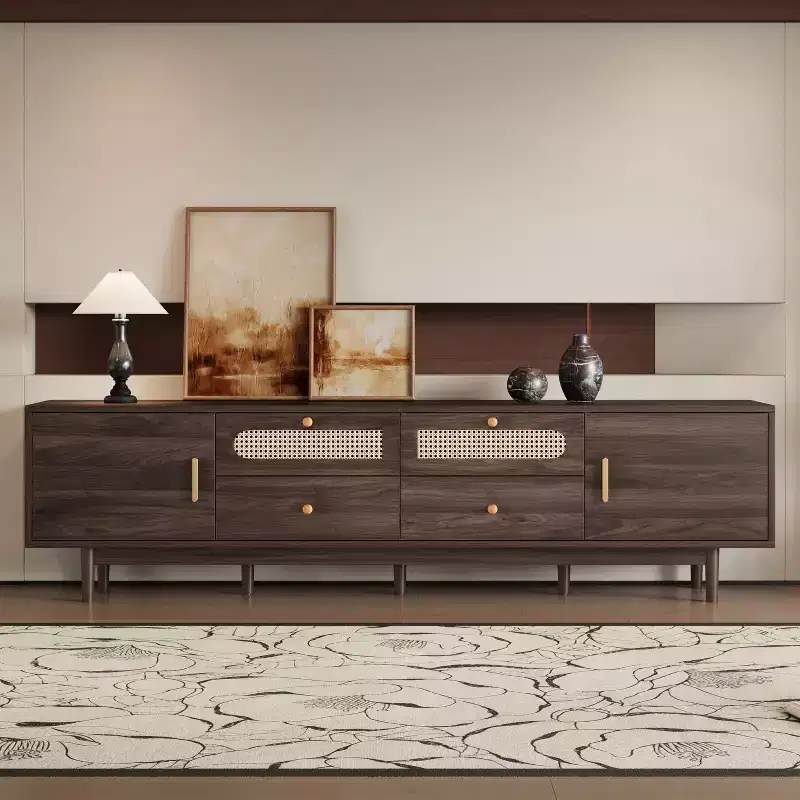 GDFStudio Arjun Modern 76 Wood TV Stand with Drawers and Rattan Storage Cabinet
